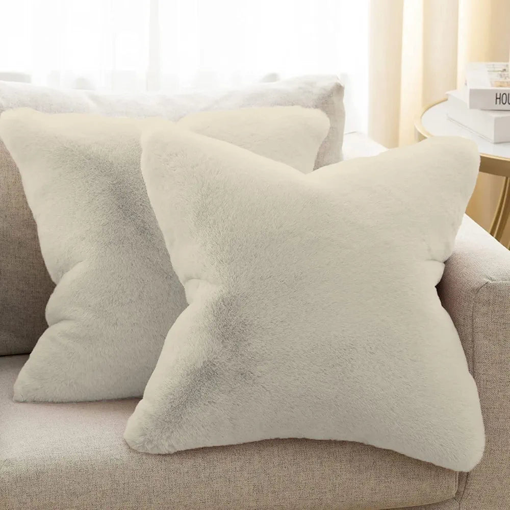 Luxe Home Cushion Cover One Side Rabbit Fur Plain Design Covers Set of 2 Colour Beige