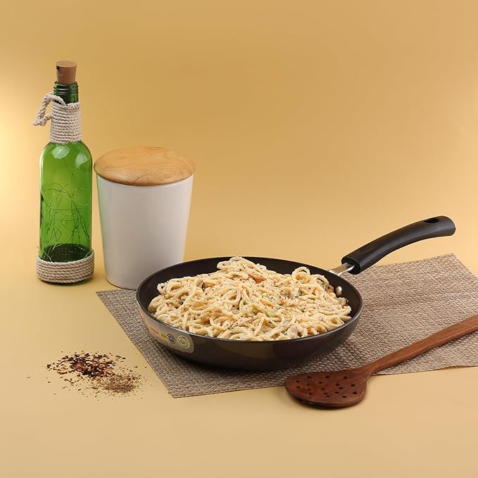 Vinod Hanos Non-Stick Fry Pan 22 cm Diameter, Hard Anodised Non-Stick Coating with 100% Virgin Bakelite Riveted Handle - Black