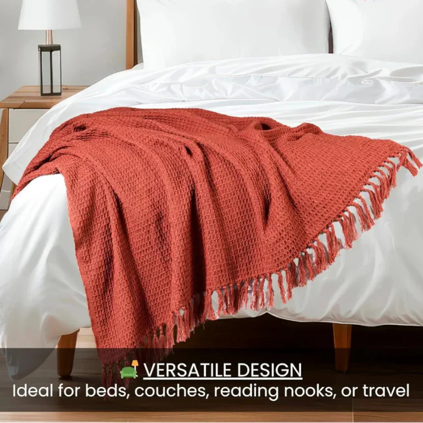 Homadorn Waffle Weave Cotton Throw Blanket Colour Rust