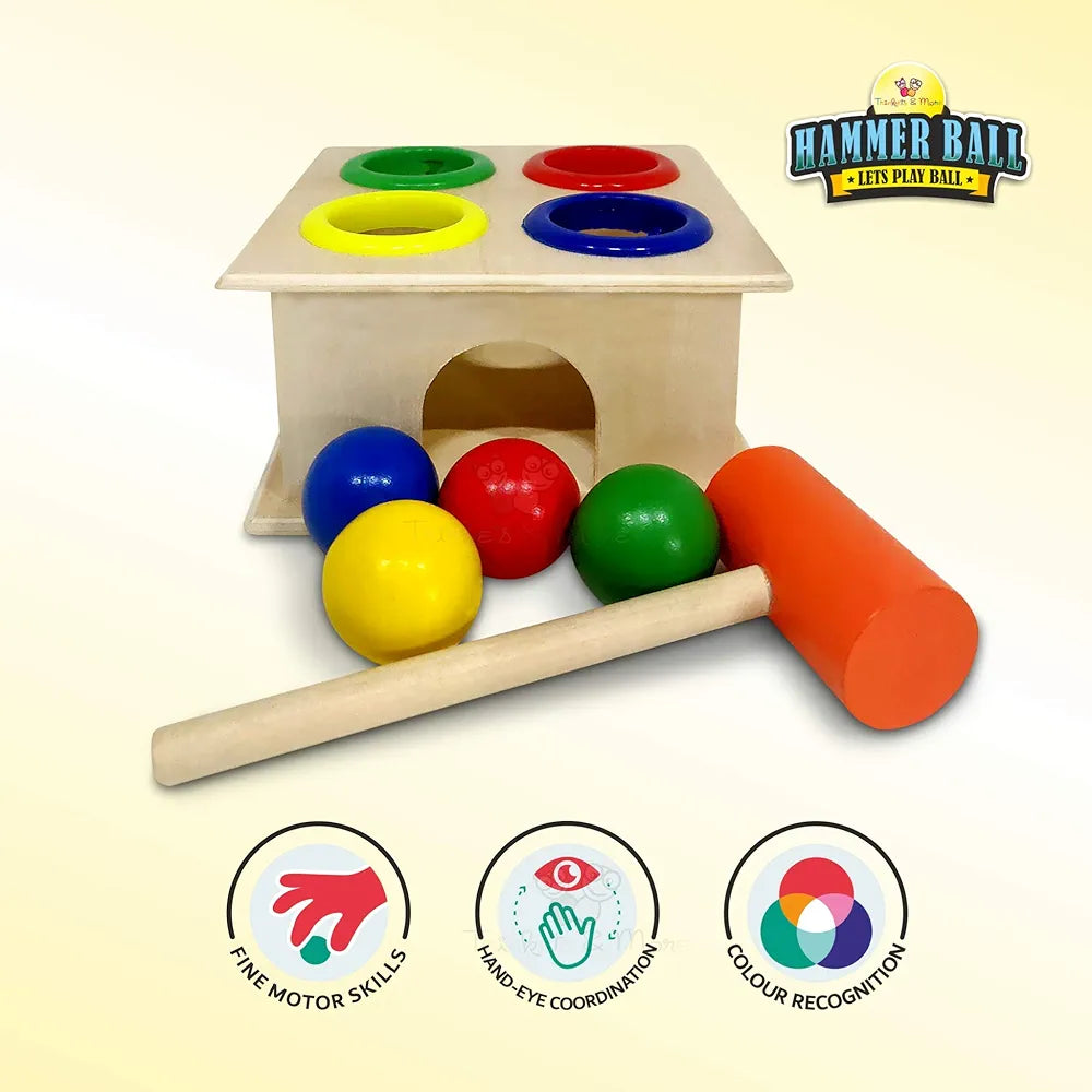 Trinkets & More® - Wooden Hammer Ball Knock Pounding Bench with Box Case Fine Motor and Dexterity Skills Early Educational Toy Set for Kids 3+ Years 