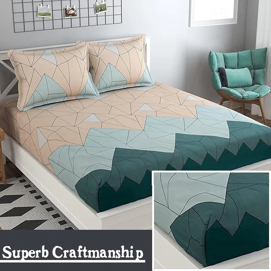 Fresh From Loom King Size Microfiber Bedsheet Set Printed with 2 Pillow Covers 144 TC Beige Green