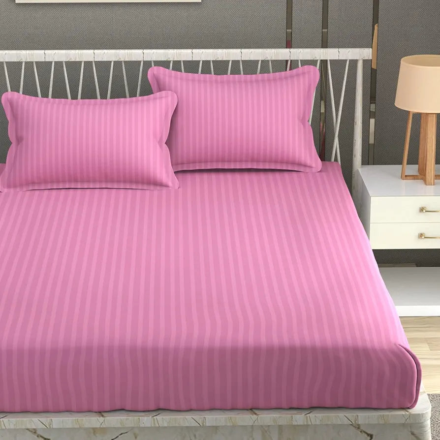 Fresh From Loom Breathable King Size Flat Striped Bedsheets Hotel & Home Double Bedsheet Set With 2 Pillow Covers 144 Tc Pink