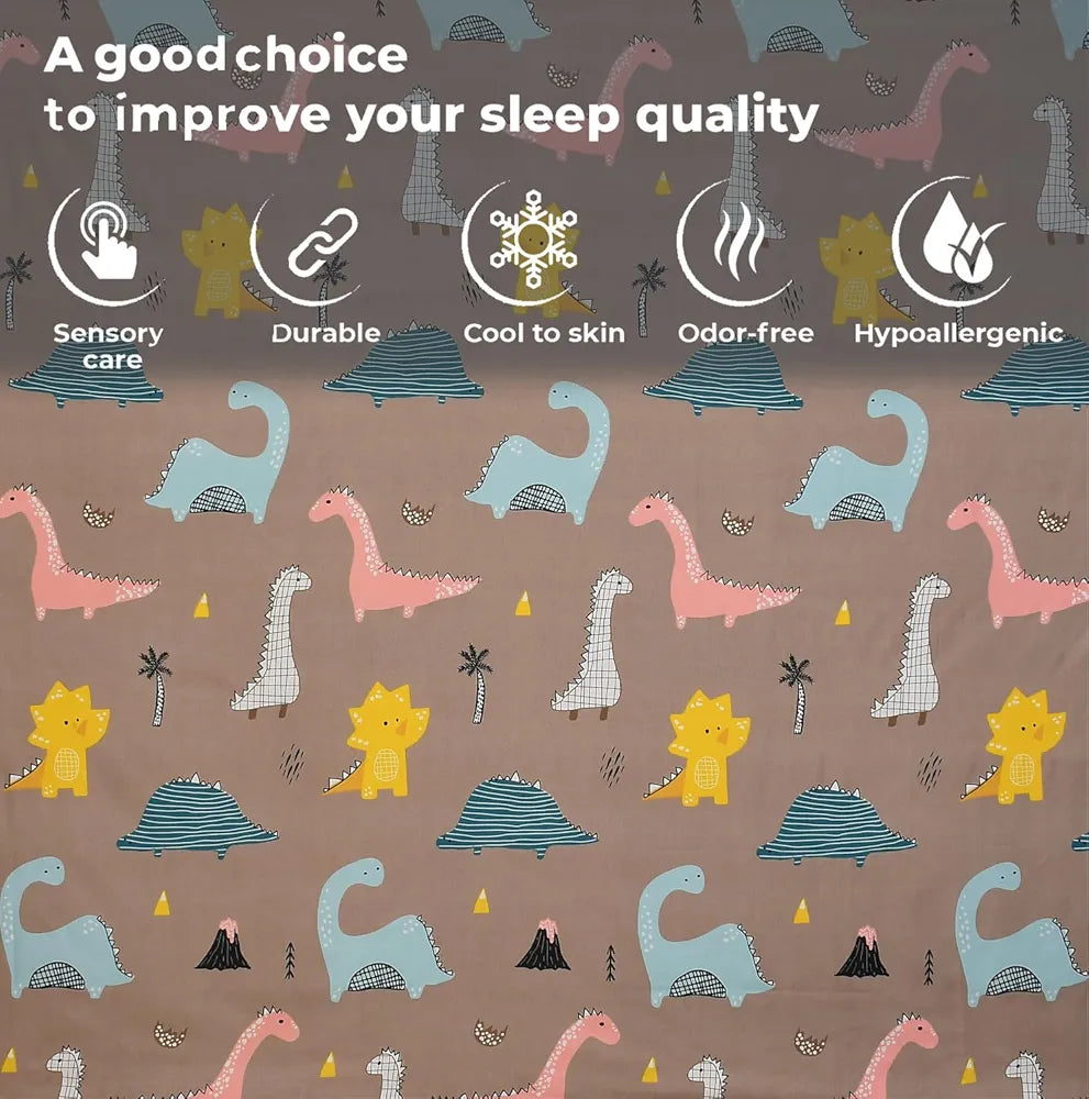 Fresh Form Loom Wrinkle Free Glace Cotton 300 TC Elastic Fitted Bedsheet For Kids With 2 Pillow Cover Rosy Dinosaur Rosy