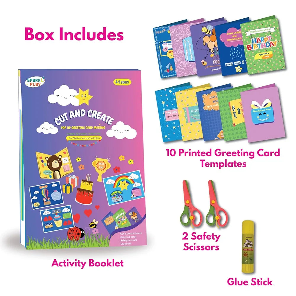 SparkLPlay Greeting Card Making Kit for Kids Ages 4 to 12 | Set of 10 DIY Pop-Up Cards | Art & Craft Kit | Scissor Skills Activity Book | Gift for Girls & Boys | Cards for Friends & Family