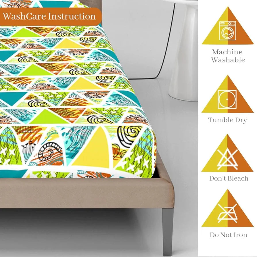 Divine Casa 144 TC Cotton Geometric Print Queen Size Double Bed Elastic Fitted Bedsheet with 2 Pillow Cover Colour Sunny Lime Punch