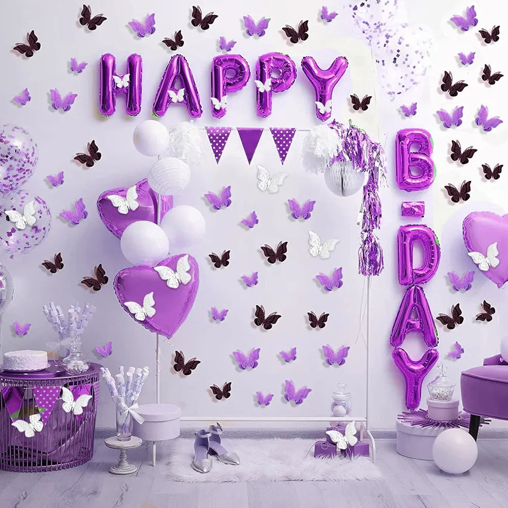 Xtore 120 Pcs Stunning 3D Purple and White Butterfly Wall Decor