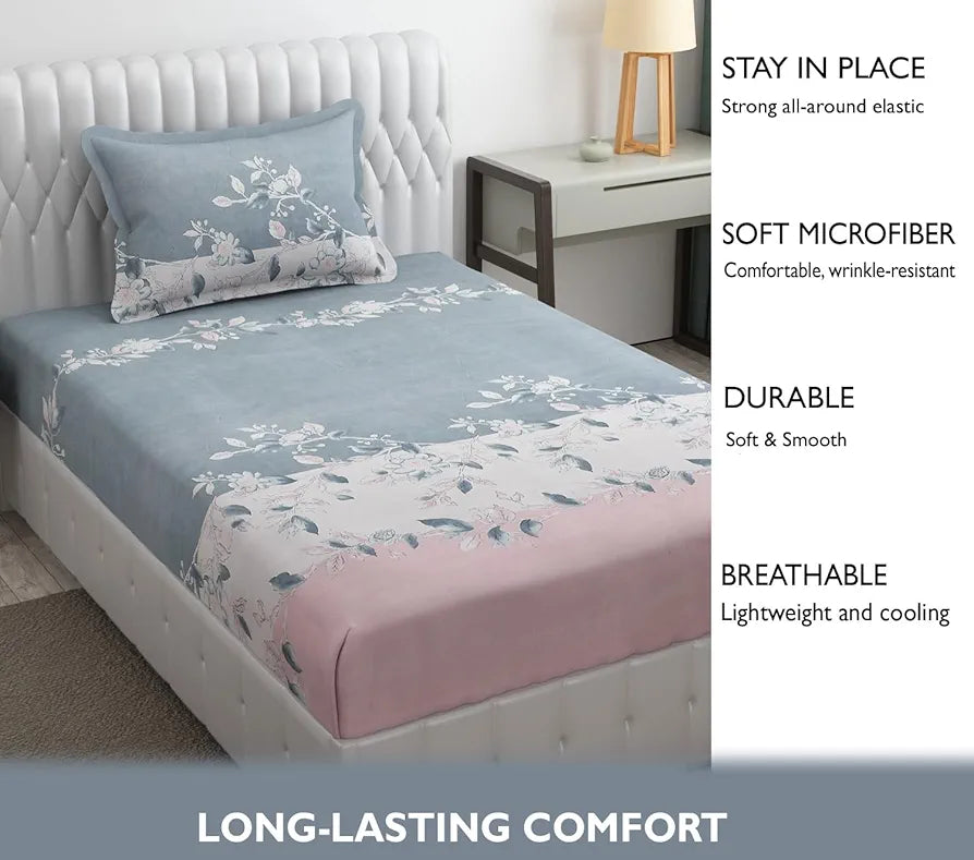 Fresh From Loom Single Bed Floral Print Microfiber Bedsheet Set 240 TC Anti Fade Includes 1 Pillow Covers Walnut-Grey
