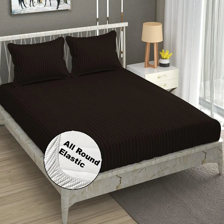 Fresh From Loom 240 TC Satin Striped Elastic Fitted Bed Sheets King Size Bed with Two Pillow Cover Multicolor Dark Coffee