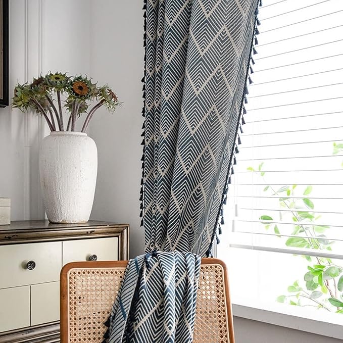 Huesland Cotton Curtains for Windows, 5 Feet Long 1 Bohemian Eyelet Curtain | Navy Wave