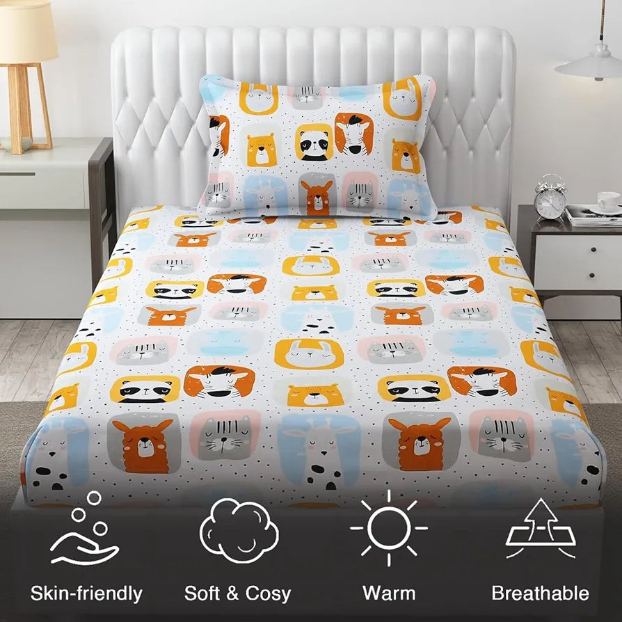 Fresh From Loom Glace Cotton Cartoon Printed Single Bedsheet Kids Bedsheet For Boys & Girls Room With One Pillow Cover 144 tc Multi-Color 1