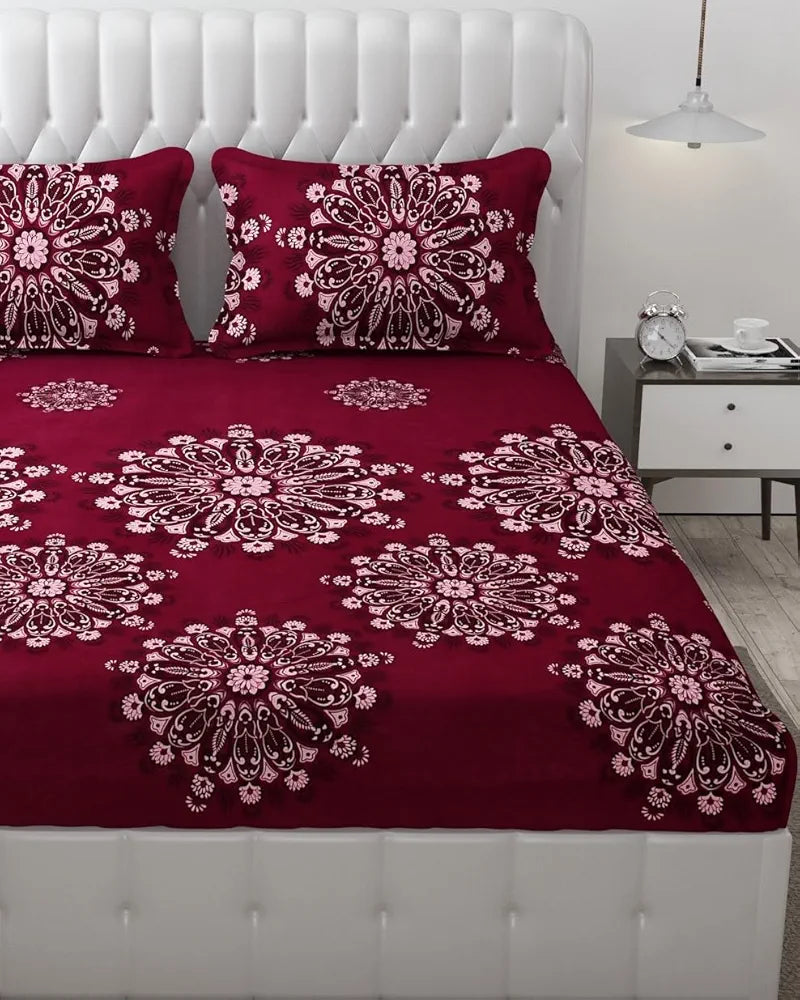 Fresh From Loom Floral King Size Microfiber Bedsheet Set Printed Hypoallergenic Wrinkle Free with 2 Pillow Covers 144 TC Wine