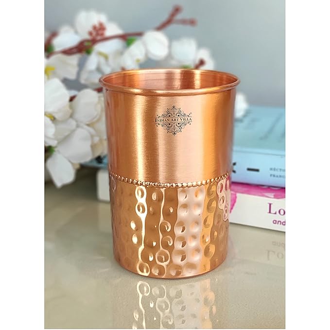 Indian Art Villa Pure Copper Glass With Half Lacquer Hammer Design Tumbler Cup (Pack of 4)