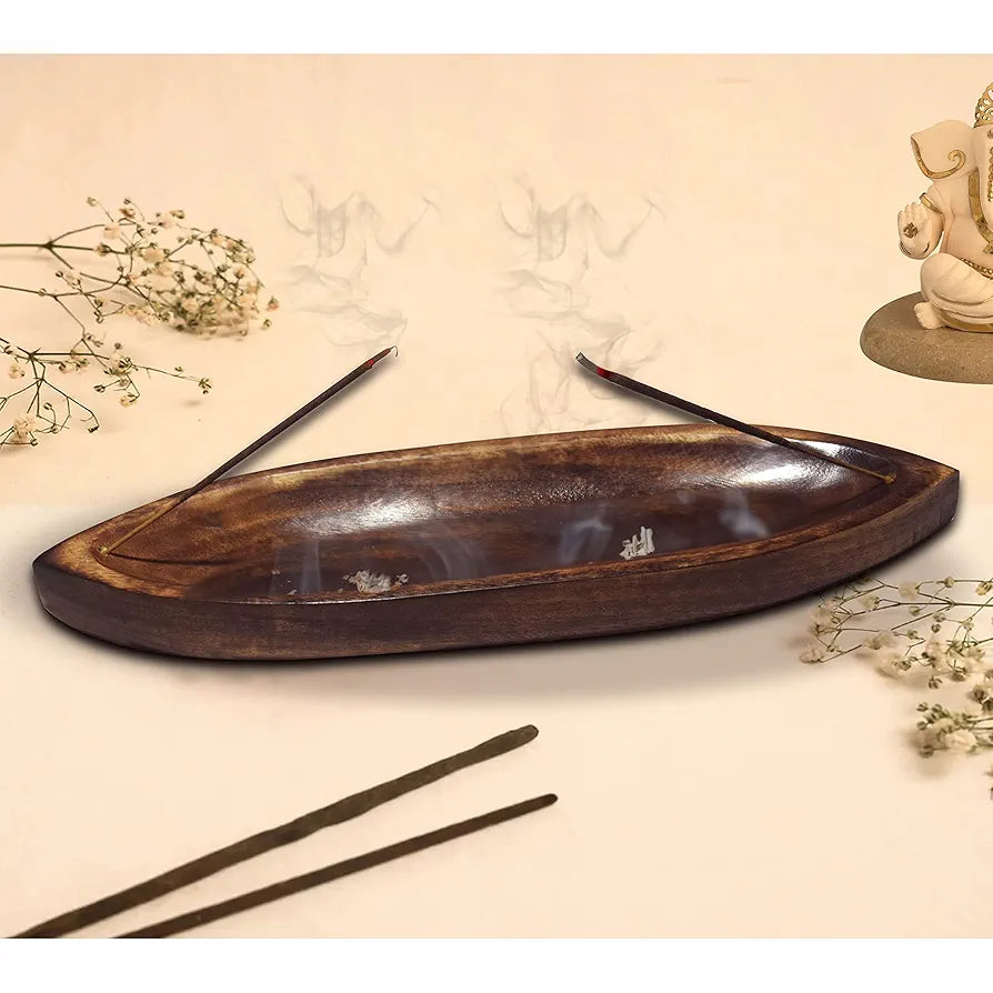 Pure Source India Antique Natural Wood Bote Shape Agarbatti Stand/Incense Holder