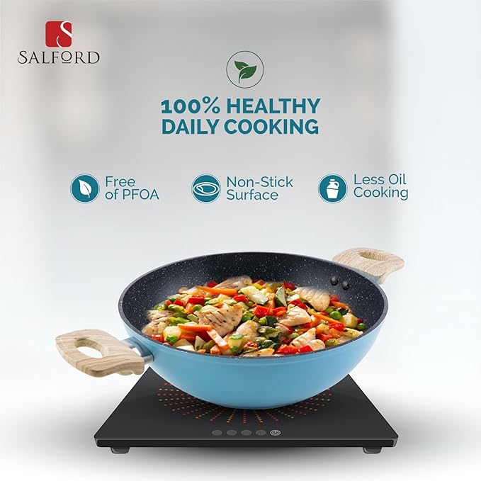 Salford by Ucook Forged Non-stick Kadhai + Glass Lid With Soft Touch Wooden Handle | Black Spatter Finish Dusty Blue | 260mm | 3.25 Litre