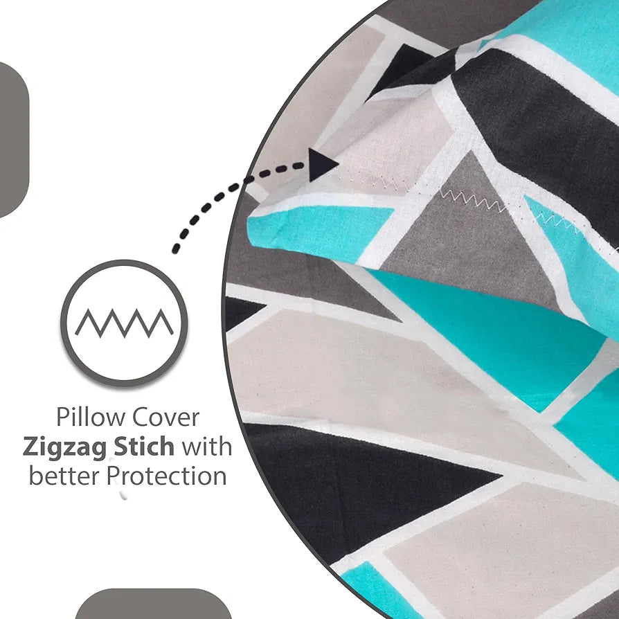 Divine Casa Double Size Bedsheet for Double Bed, 144 TC Pure Cotton Queen Size with 2 Pillow Covers Geometric Colour Aqua Grey