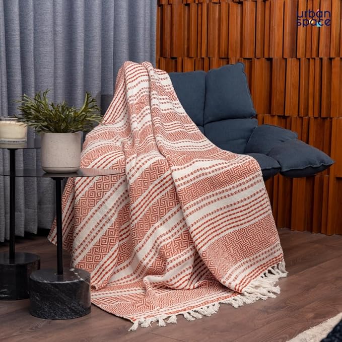 Urban Space Handmade Pure Cotton Sofa Throw Blanket Soft Decorative Colour Boho Red&White