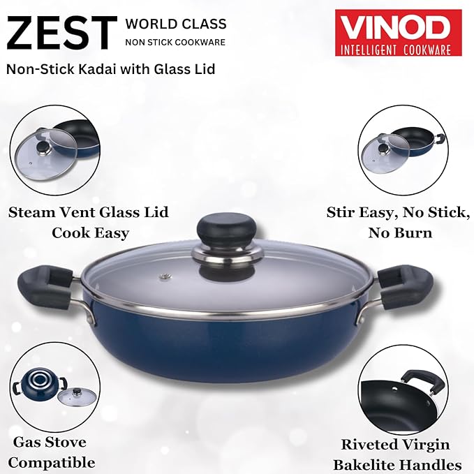 Vinod Zest Aluminium Non Stick Kadhai with Glass Lid - 2 Litre, 22cm | 3 Layer Ceramic Coating | 3 mm Thick