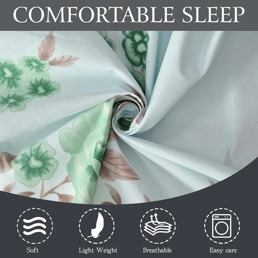 Fresh From Loom Microfiber Rotary Printed Bed Sheet Set King Size Hypoallergenic Wrinkle Free with 2 Pillow Covers Cyan Floral Design