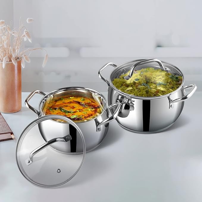 Vinod Stainless Steel 2 Piece Almaty Sauce Pot With Glass Lid | Diameter 14 & 16 Cm | Capacity 1.3 & 2 Litres