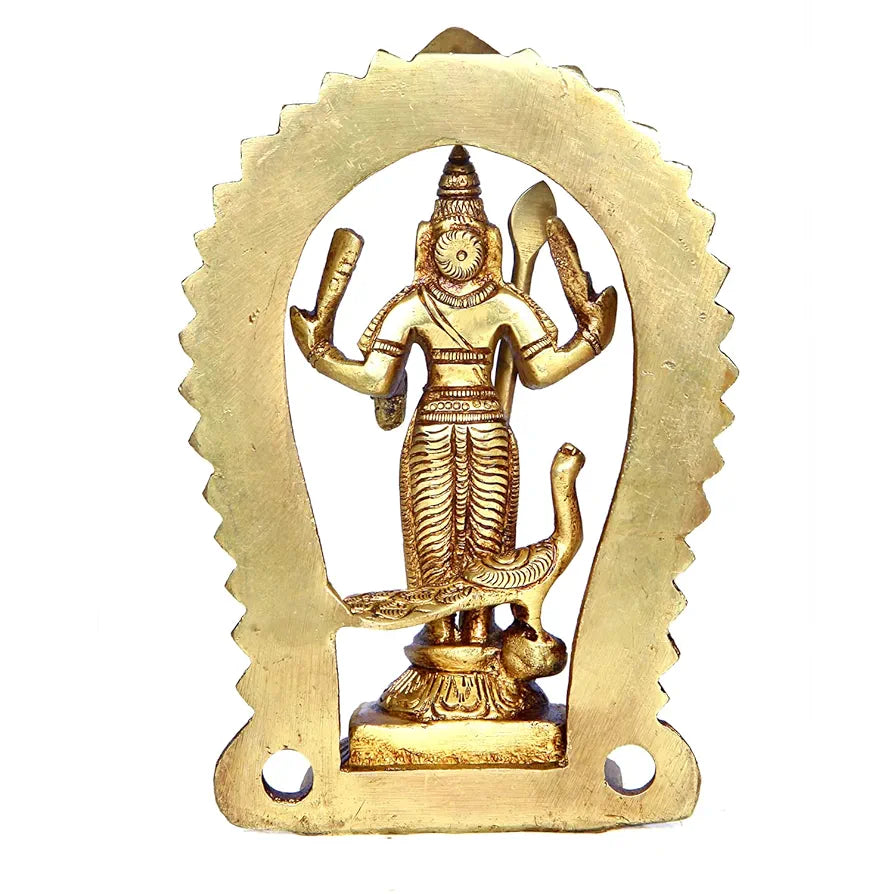 anciently Brass Murugan Idol/Lord Kartikeya Statue/Subrahmanya Swami Idol, 12.5cm Height, Gold Colour - 