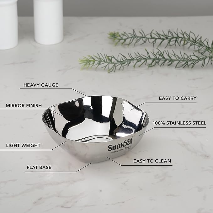 Sumeet Heavy Gauge Stainless Steel Apple Square Bowl Set of 12 pc 180 ml Each Silver