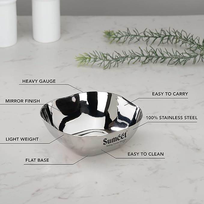 Sumeet Heavy Gauge Stainless Steel Apple Square Bowl Set of 12pc 200ml Each Silver