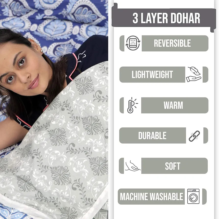 Divine Casa 120 GSM 100% Cotton Cambric 3 Layered Super Soft Jaipuri Razai Single Bed for Mild Winter Printed Reversible Dohar Colour Glacier Grey TC - 120