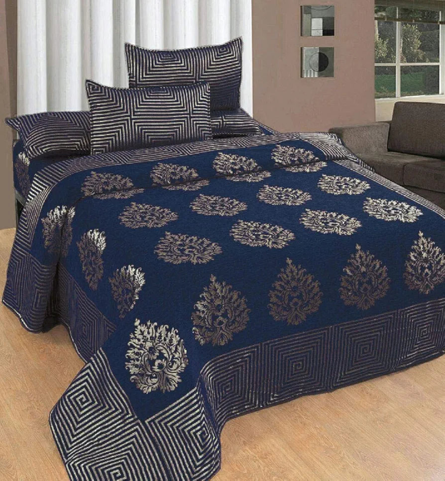 Fresh From Loom Chenille Velvet 500 TC Bedsheet 1 Double Bed King Size Bedsheet with 2 Pillow Cover Jhumka Blue