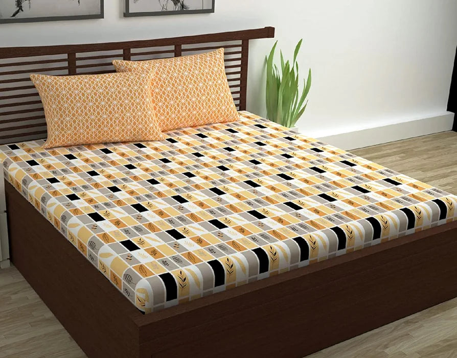 Divine Casa 144 TC Cotton Bedsheet for Double Bed with 2 Pillow CoverColour Ivory & Orange