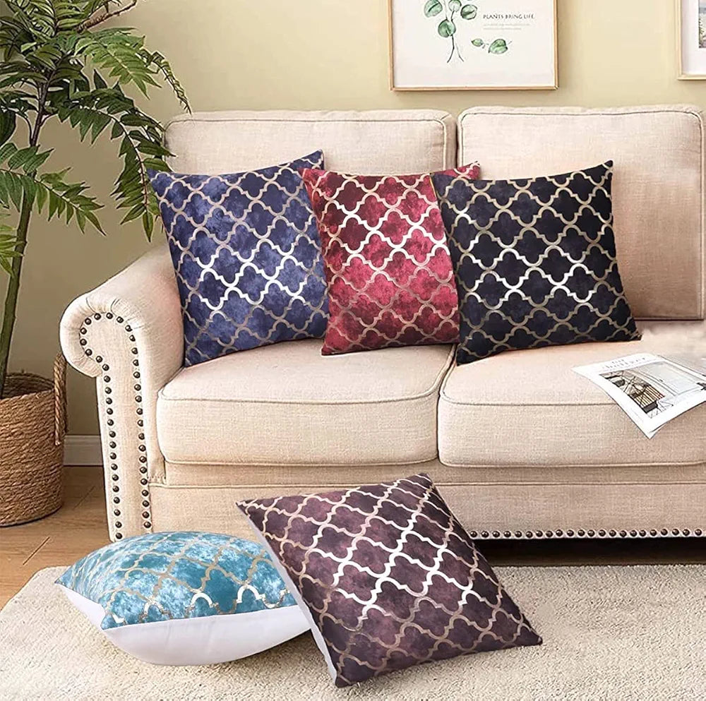 Cloth Fusion 100 TC Velvet Sofa Cushion Cover Set of 5 Decorative HD Gold Foil Cushion Cover
