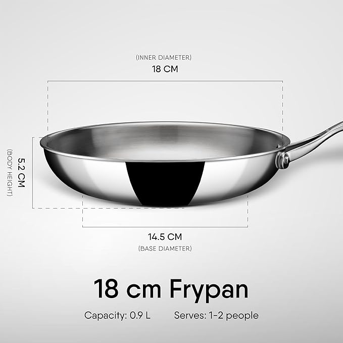 Stahl Artisan Triply Stainless Steel Fry Pan | Induction & Gas Stove Compatible | Omelette Pan | Egg Pan | 0.9 L | 18 Cm