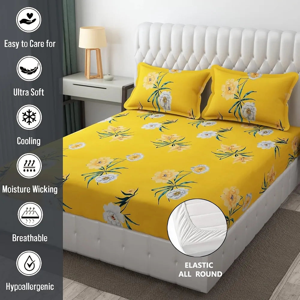 Fresh From Loom King Size Soft Glace Cotton Fitted Floral Bedsheet With Two Pillow Cover Elastic Fitted Bed Sheets Peach Yellow 144 TC