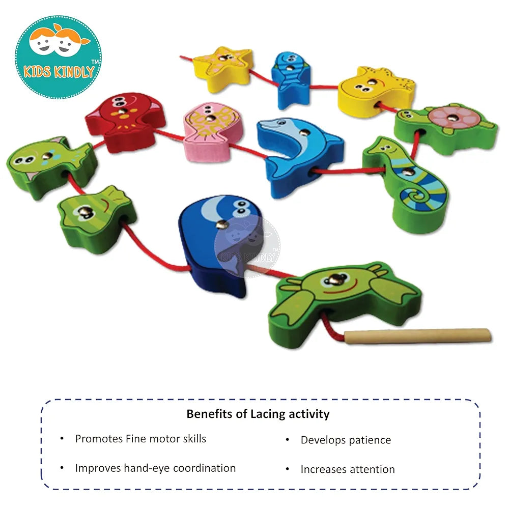 KIDS KINDLY Wooden Magnetic Fishing Game for Kids, Thread Lacing Activity, Promotes Fine Motor Skills, Improve Hand-Eye Coordination, Increases Attention, Fish Catching Game for Kids - 3 Years+