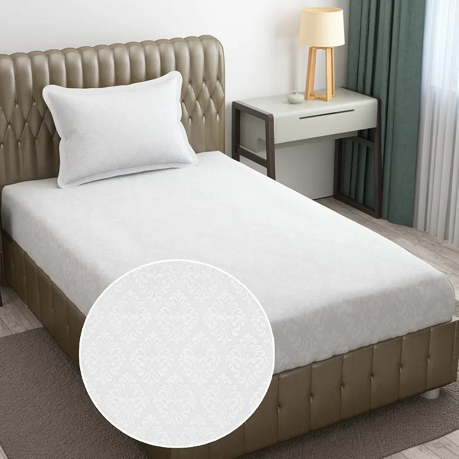 Fresh From Loom Hypoallergenic Microfiber Single Bedsheet Rotary Printed Wrinkle Free with 1 Pillow Covers 144 TC White Damas