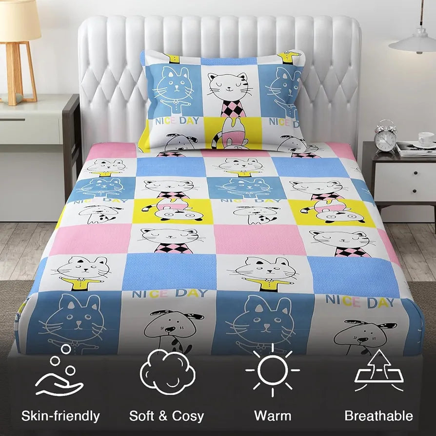 Fresh From Loom Hypoallergenic Glace Cotton Kids Single Bedsheet-Rotary Printed Wrinkle Free With 1 Pillow Covers 144 TC Aqua Pink