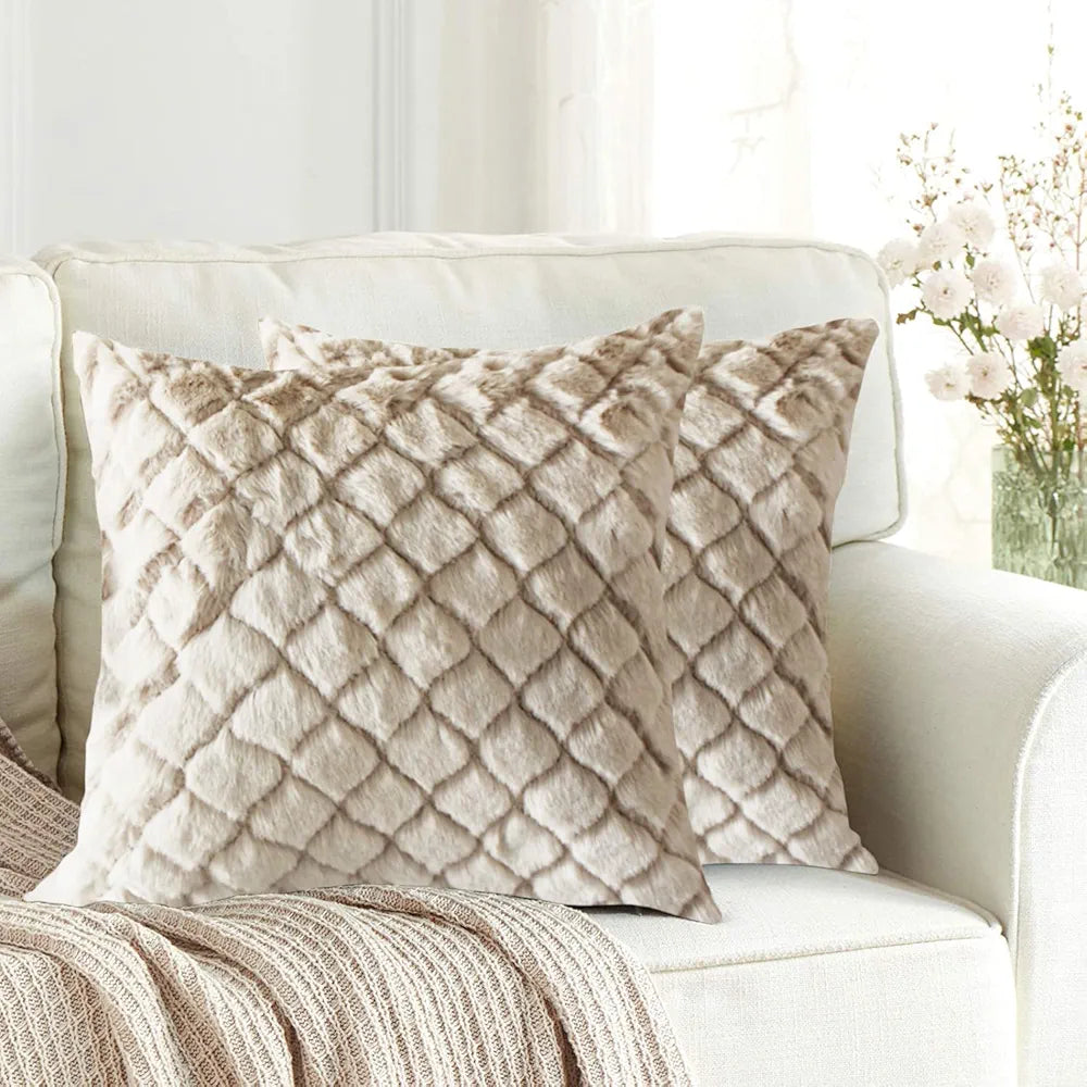 Luxe Home Cushion Cover Duble Side Rabbit Fur Diamond Design Covers Set of 2 Colour Beige