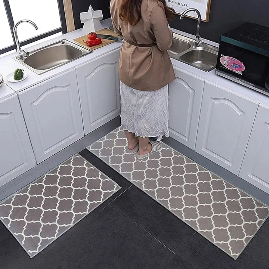 Ishro Home Kitchen Mats For Floor Anti Slip Waterproof Set Of 2 Pcs Colour Grey Diamonds