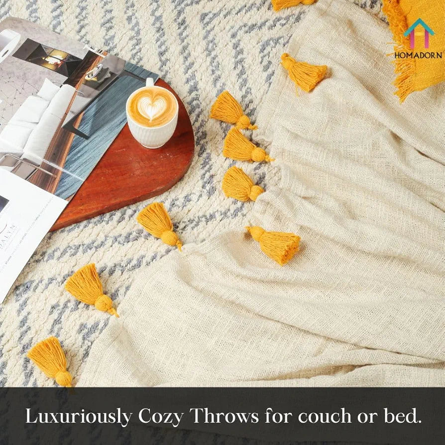 Homadorn 100% Cotton Off White Throw 300 TC Blanket with Handmade Colorful Tassel Colour Mustard