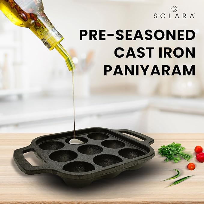 Solara Pre Seasoned Cast Iron Paniyaram Pan 9 Cavities 20 Cm Appam Patra, Paniyarakkal Pan | Cast Iron Cookware