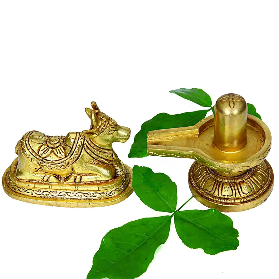 anciently Brass Shivling with Nandi Idol, Medium, Gold Colour - 