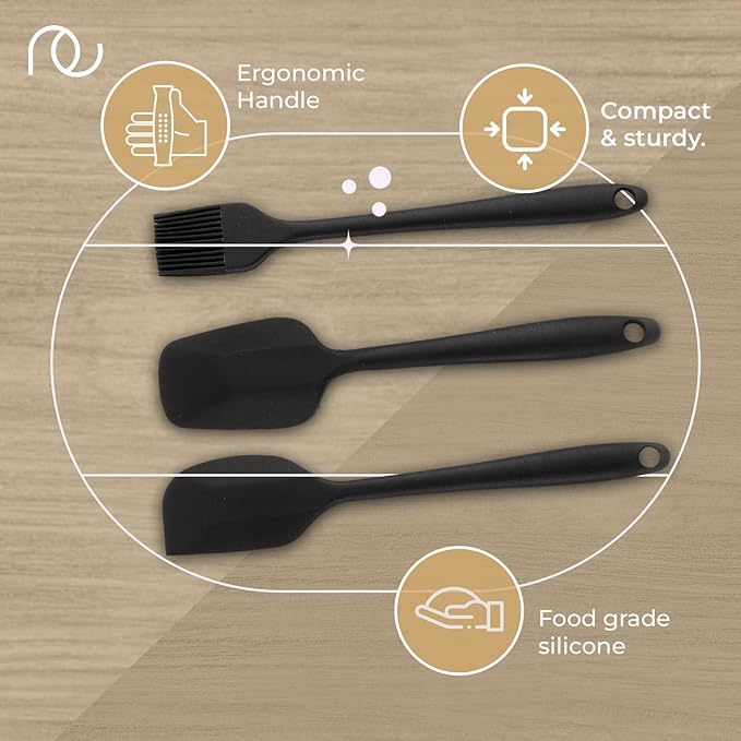 Frenchware Silicone Spatula for Kitchen | Set of 3, Black | Non Stick Small Spatula, Spoon & Brush for Cooking & Baking