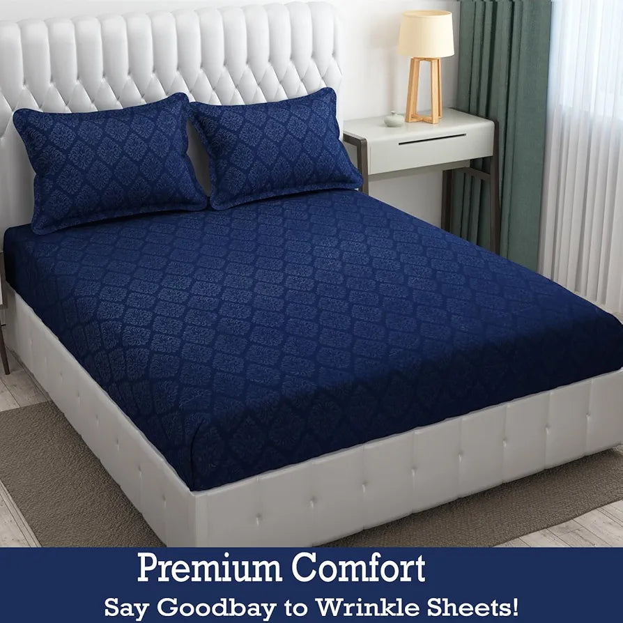 Fresh From Loom Printed Double Bedsheet King Size Microfiber Wrinkle Free With 2 Pillow Covers 144 TC Navy-Blue Damas