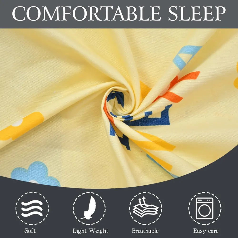 Fresh From Loom Glace Cotton Elastic Fitted Bed Sheet Cartoon Printed Dino 144 Tc Multicolor Cream and Blue Double Bed