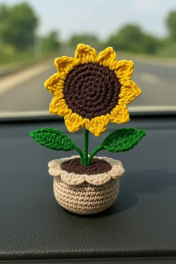 Crochet Sunflower in Pot Decorative Table Showpiece Cute Woolen Flower