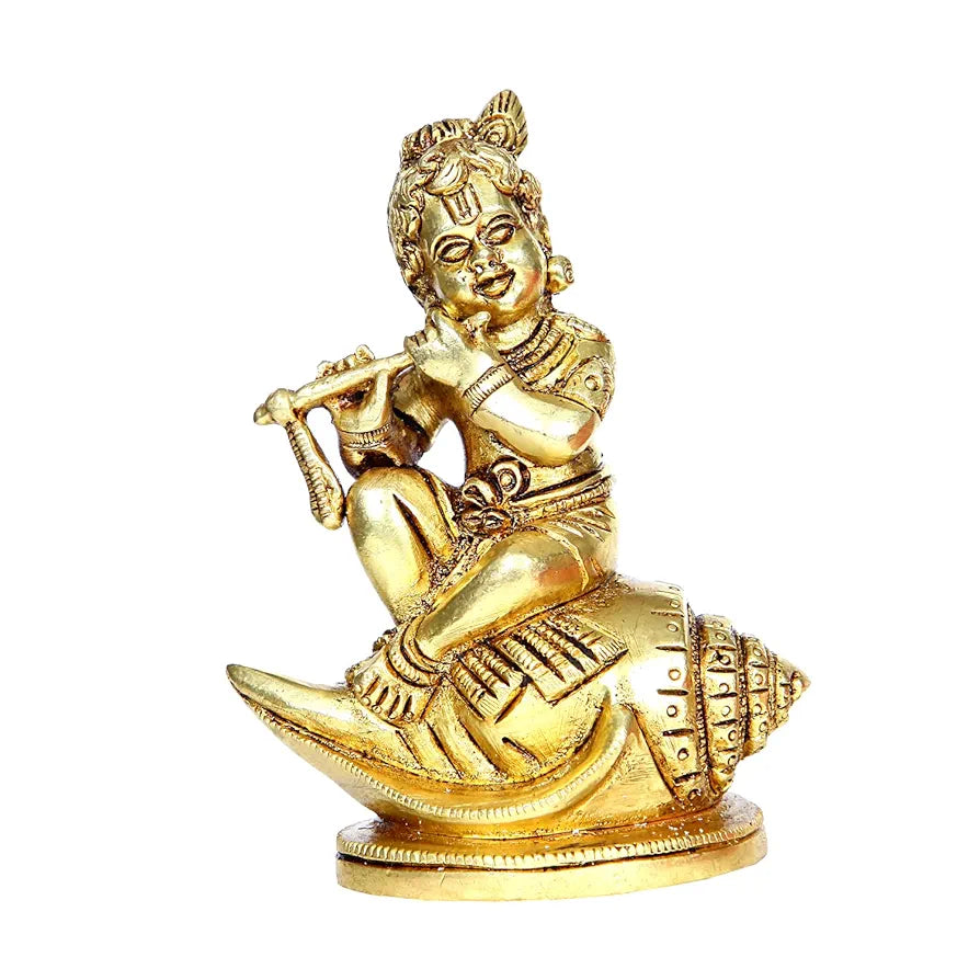 Anciently Shankh Balakrishna Idol Brass | Brass Shank Balakrishna Statue | Shank Krishna Sitting Statue 11.5cm Gold Colour - 