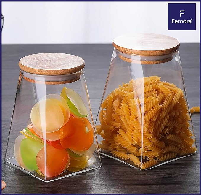 Femora Kitchen Storage Jars Borosilicate Glass Jars for Kitchen With Wooden Lid Air Tight Jar | 550 Ml | Pack of 2