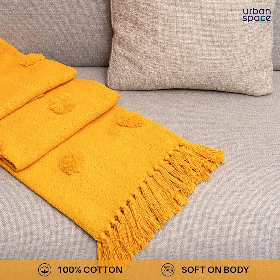 Urban Space Handmade Pure Cotton Sofa Throw Blanket, Soft Decorative Throw for Living Room, Sofa, Chair and Couch, Reversible and Breathable Throw Mustard Colour
