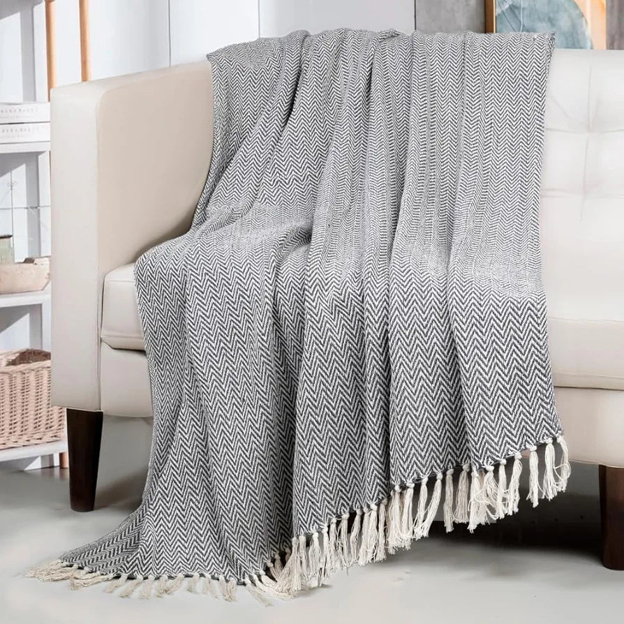Homadorn All Season Cotton Weaved Throw Blanket Colour Grey