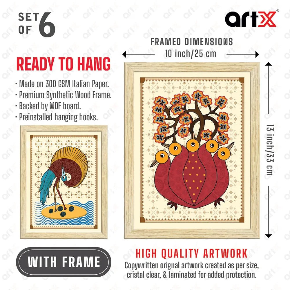 ArtX Paper Indian Gond Art Paintings with Frame Multicolor Gond-SO6-01 Set of 6
