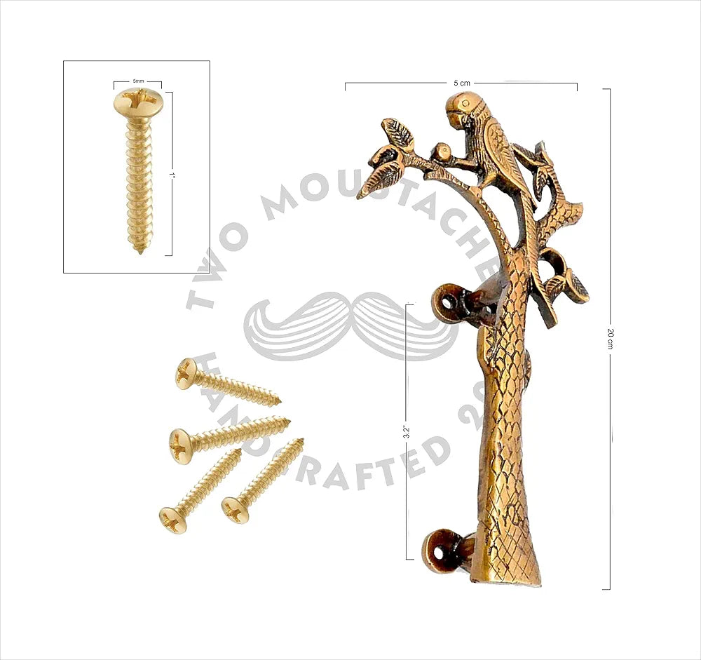 Two Moustaches Brass Parrot on Tree Design 8 Inches Brass Door Handle Pair